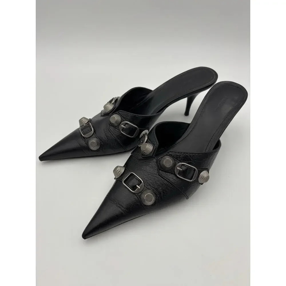 Balenciaga Point Toe Mules Black Leather Studded Size 39 / 9 Kitten Heel